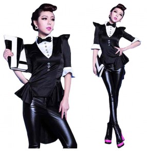 Women Modern jazz dance magician performing costumes Party Dress Up cosplay Tuxedo coat with pu leather leggings pants for female